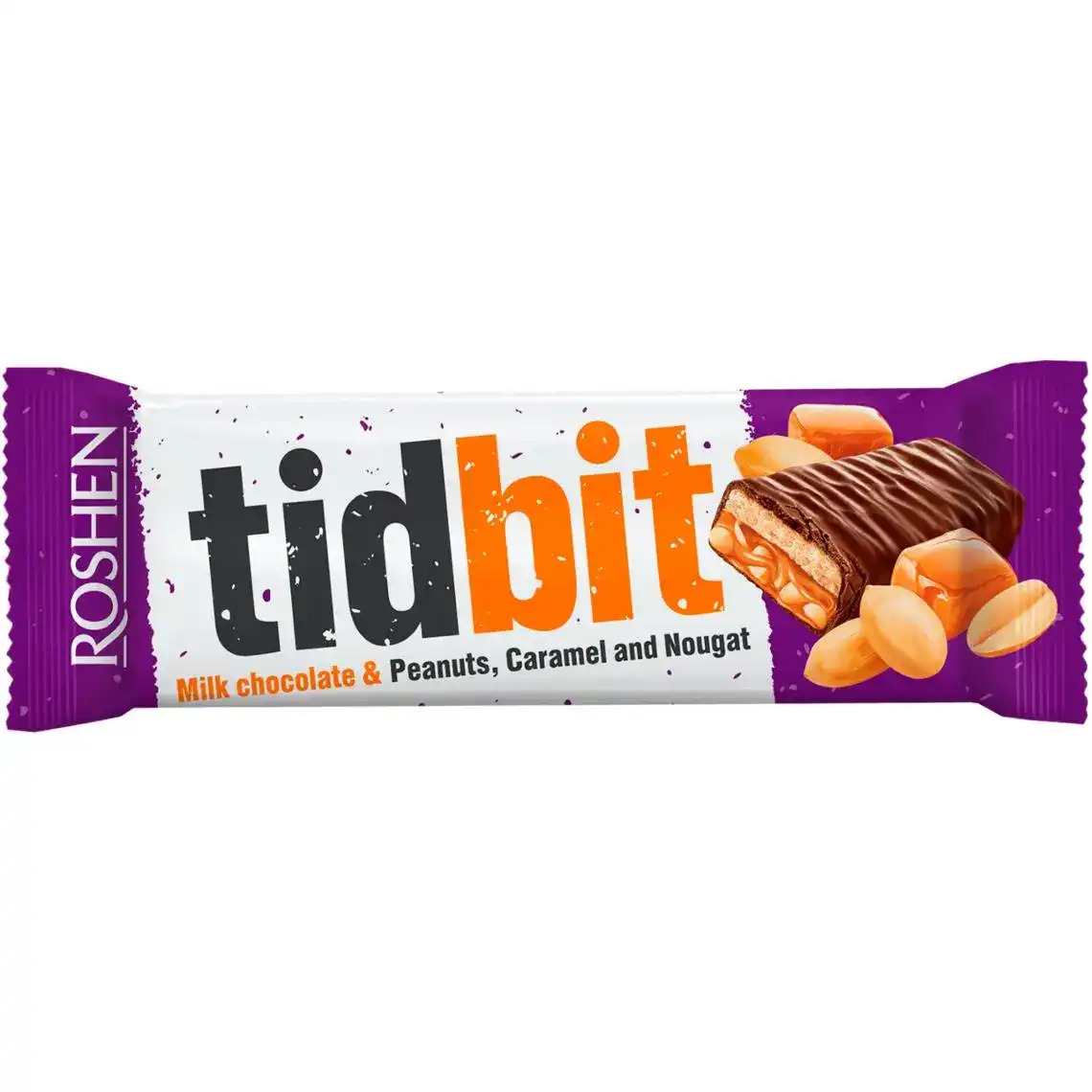 Шоколад Roshen молочний TIDBIT нуга м'яка карамель арахіс 50г